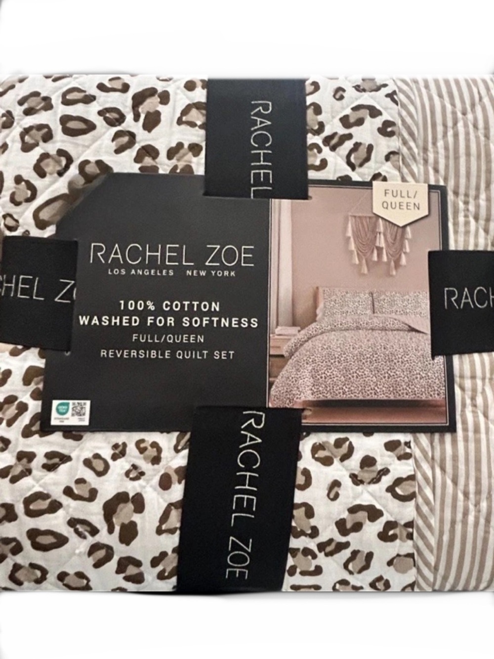 Rachel Zoe Animal Print Queen Brown & White Cotton Reversible Quilt Set 88”x92”